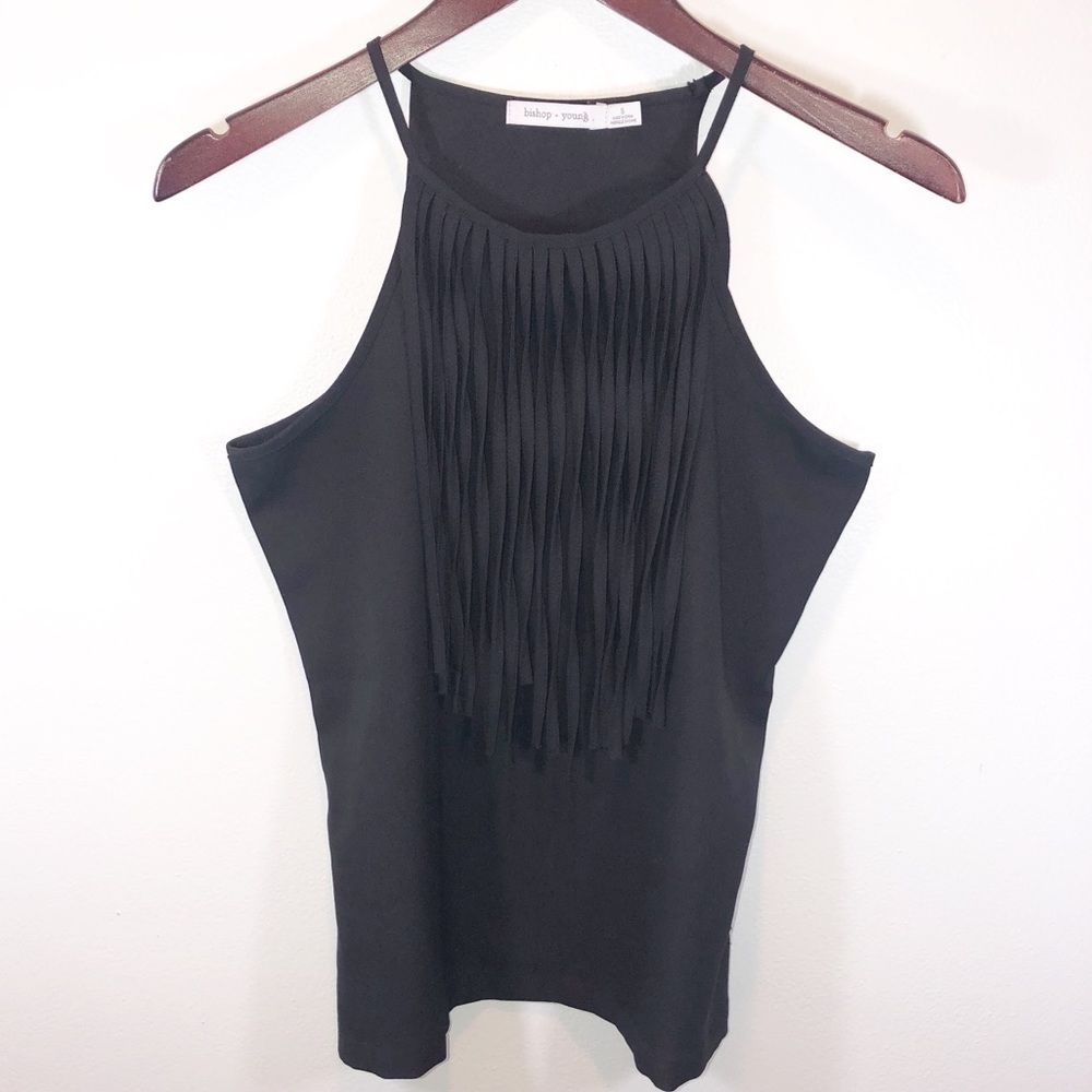 ANTHRO Bishop + Young Fringed Black Cami Tank Boho Small Festival Western Tassel